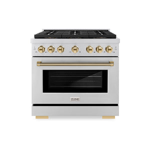ZLINE Autograph Edition 36 in. 5.2 cu. ft. Paramount Dual Fuel Range with 6 Burner DuoPro™ Cooktop and Electric Convection Oven in Stainless Steel with Polished Gold Helix Handle and Accents (PSDRZ-36-KG)