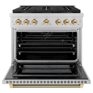 ZLINE Autograph Edition 36 in. 5.2 cu. ft. Paramount Dual Fuel Range with 6 Burner DuoPro™ Cooktop and Electric Convection Oven in Stainless Steel with Polished Gold Helix Handle and Accents (PSDRZ-36-KG)