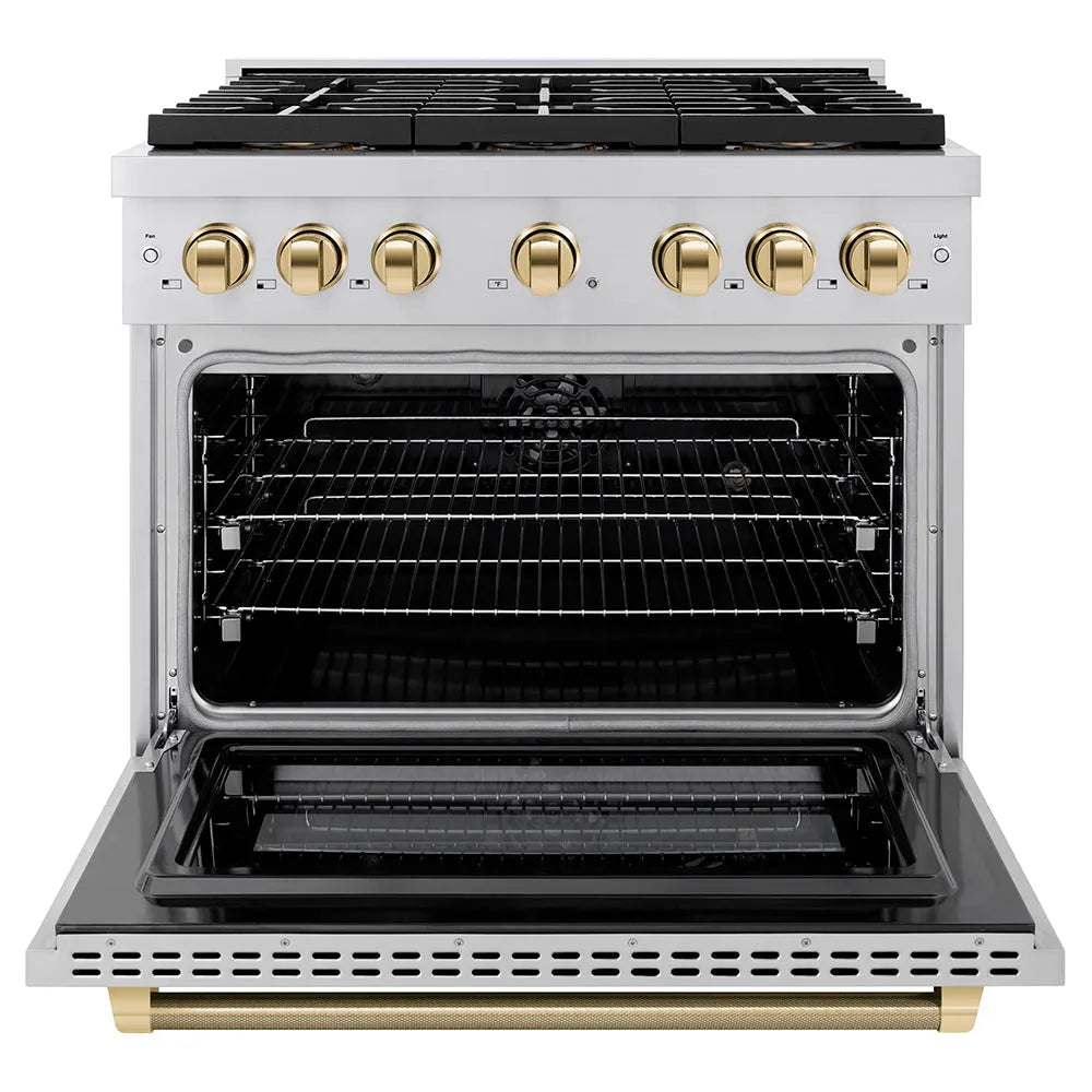 ZLINE Autograph Edition 36 in. 5.2 cu. ft. Paramount Dual Fuel Range with 6 Burner DuoPro™ Cooktop and Electric Convection Oven in Stainless Steel with Polished Gold Helix Handle and Accents (PSDRZ-36-KG) front, oven open.
