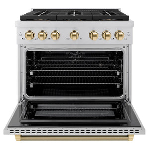 ZLINE Autograph Edition 36 in. 5.2 cu. ft. Paramount Dual Fuel Range with 6 Burner DuoPro™ Cooktop and Electric Convection Oven in Stainless Steel with Polished Gold Helix Handle and Accents (PSDRZ-36-KG) front, oven open.