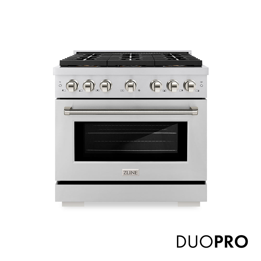 ZLINE Autograph Edition 36 in. 5.2 cu. ft. Paramount Dual Fuel Range with 6 Burner DuoPro™ Cooktop and Electric Convection Oven in Stainless Steel with Polished Nickel Helix Handle and Accents (PSDRZ-36-KPN)