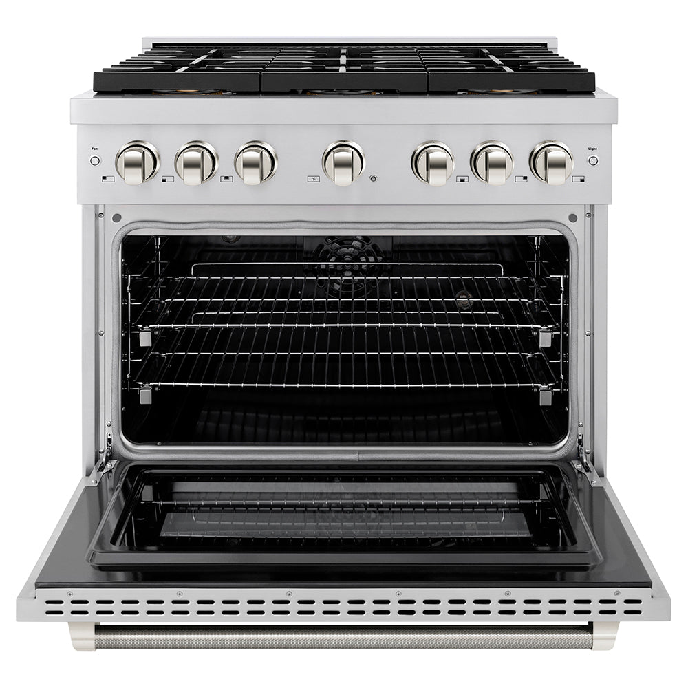 ZLINE Autograph Edition 36 in. 5.2 cu. ft. Paramount Dual Fuel Range with 6 Burner DuoPro™ Cooktop and Electric Convection Oven in Stainless Steel with Polished Nickel Helix Handle and Accents (PSDRZ-36-KPN)