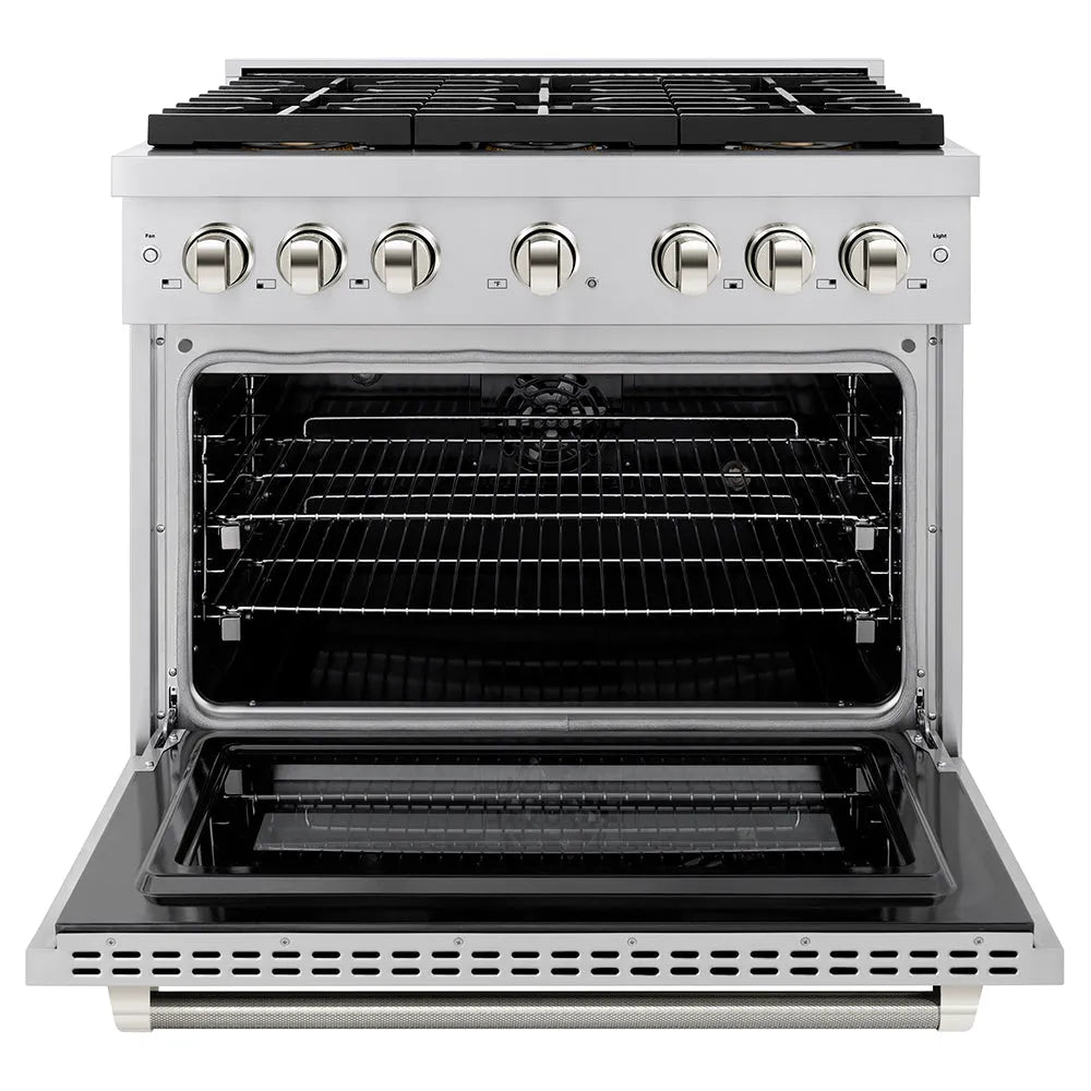 ZLINE Autograph Edition 36 in. 5.2 cu. ft. Paramount Dual Fuel Range with 6 Burner DuoPro™ Cooktop and Electric Convection Oven in Stainless Steel with Polished Nickel Helix Handle and Accents (PSDRZ-36-KPN) front, oven open.