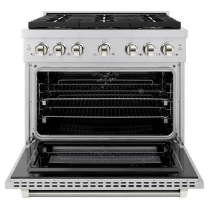 ZLINE Autograph Edition 36 in. 5.2 cu. ft. Paramount Dual Fuel Range with 6 Burner DuoPro™ Cooktop and Electric Convection Oven in Stainless Steel with Polished Nickel Helix Handle and Accents (PSDRZ-36-KPN) front, oven open.