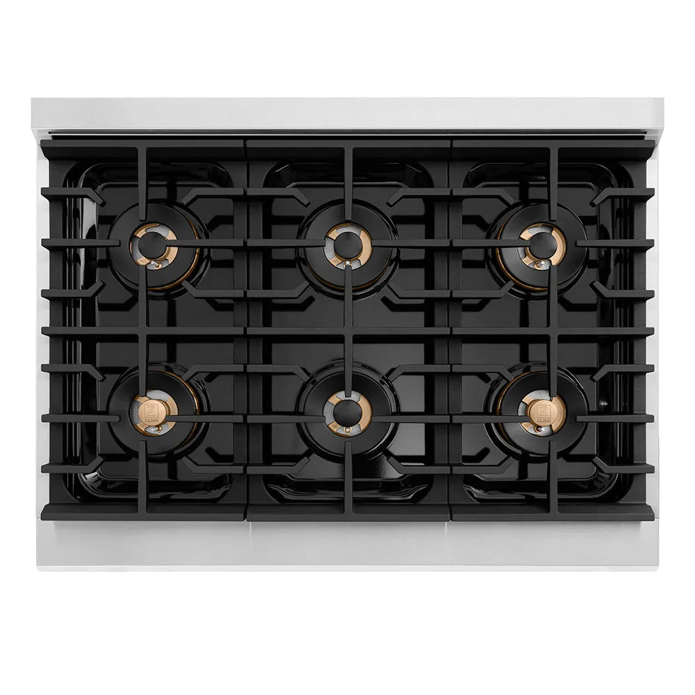 ZLINE Autograph Edition 36 in. 5.2 cu. ft. Paramount Dual Fuel Range with 6 Burner DuoPro™ Cooktop and Electric Convection Oven in Stainless Steel with Polished Nickel Helix Handle and Accents (PSDRZ-36-KPN) top-down, above cooktop.