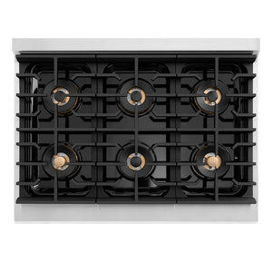 ZLINE Autograph Edition 36 in. 5.2 cu. ft. Paramount Dual Fuel Range with 6 Burner DuoPro™ Cooktop and Electric Convection Oven in Stainless Steel with Polished Nickel Helix Handle and Accents (PSDRZ-36-KPN) top-down, above cooktop.