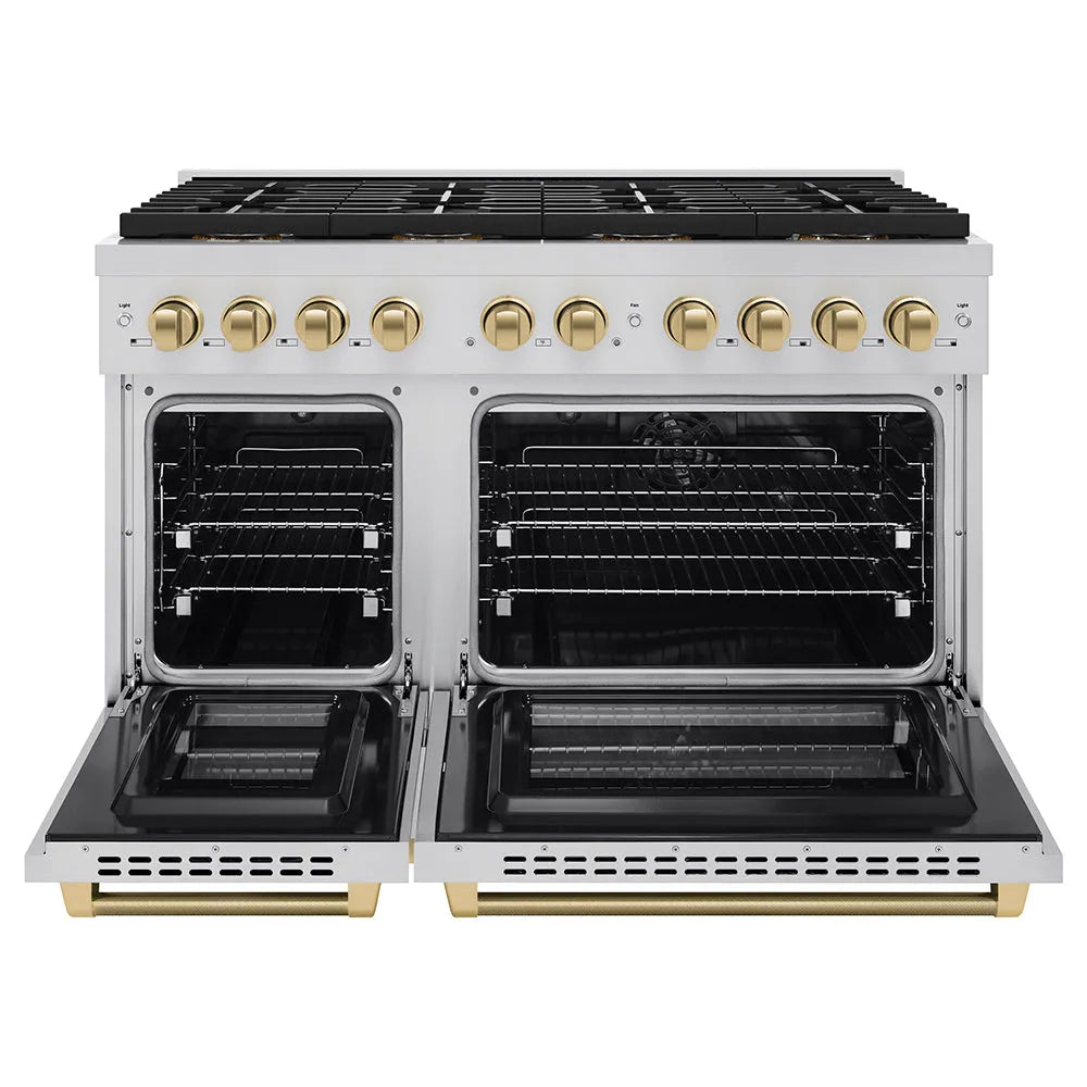 ZLINE Autograph Edition 48 in. 6.7 cu. ft. Paramount Dual Fuel Range with 8 Burner DuoPro™ Cooktop and Dual Ovens in Stainless Steel with Champagne Bronze Helix Handles and Accents (PSDRZ-48-KCB) front, oven open.