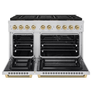ZLINE Autograph Edition 48 in. 6.7 cu. ft. Paramount Dual Fuel Range with 8 Burner DuoPro™ Cooktop and Dual Ovens in Stainless Steel with Champagne Bronze Helix Handles and Accents (PSDRZ-48-KCB) front, oven open.