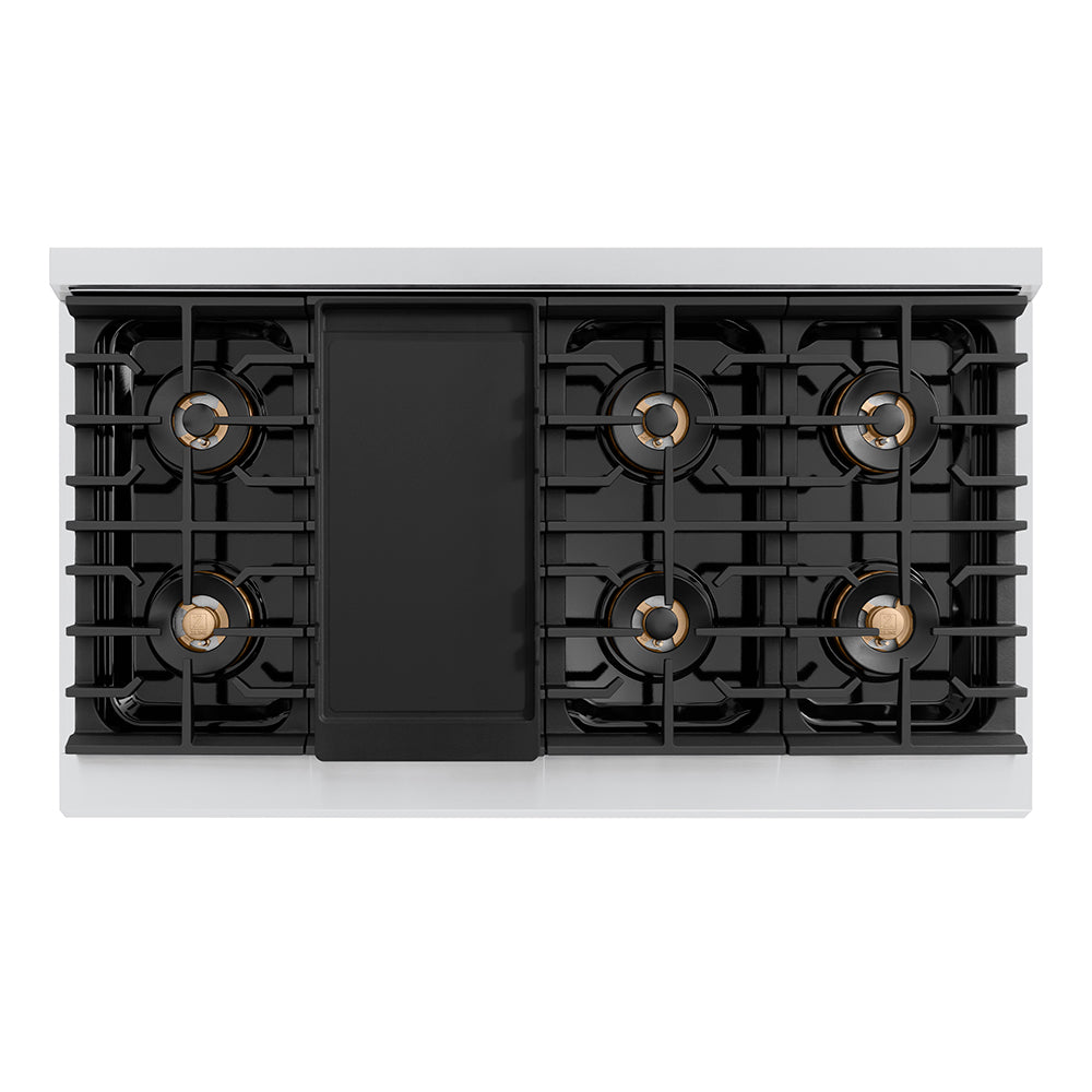ZLINE Autograph Edition 48 in. 6.7 cu. ft. Paramount Dual Fuel Range with 8 Burner DuoPro™ Cooktop and Dual Ovens in Stainless Steel with Champagne Bronze Helix Handles and Accents (PSDRZ-48-KCB)