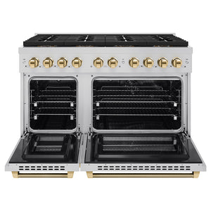 ZLINE Autograph Edition 48 in. 6.7 cu. ft. Paramount Dual Fuel Range with 8 Burner DuoPro™ Cooktop and Dual Ovens in Stainless Steel with Polished Gold Helix Handles and Accents (PSDRZ-48-KG)
