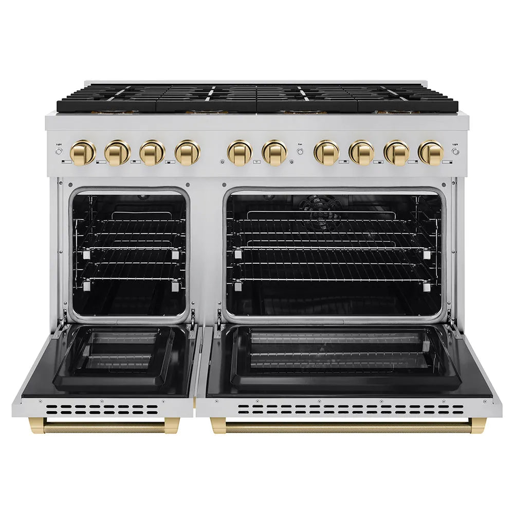 ZLINE Autograph Edition 48 in. 6.7 cu. ft. Paramount Dual Fuel Range with 8 Burner DuoPro™ Cooktop and Dual Ovens in Stainless Steel with Polished Gold Helix Handles and Accents (PSDRZ-48-KG) front, oven open.
