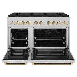 ZLINE Autograph Edition 48 in. 6.7 cu. ft. Paramount Dual Fuel Range with 8 Burner DuoPro™ Cooktop and Dual Ovens in Stainless Steel with Polished Gold Helix Handles and Accents (PSDRZ-48-KG) front, oven open.