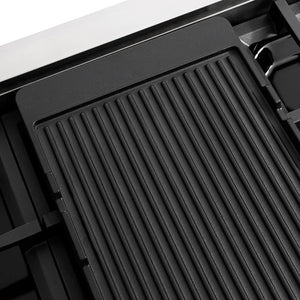 ZLINE Autograph Edition 48 in. 6.7 cu. ft. Paramount Dual Fuel Range with 8 Burner DuoPro™ Cooktop and Dual Ovens in Stainless Steel with Polished Gold Helix Handles and Accents (PSDRZ-48-KG) reversible griddle ribbed side.