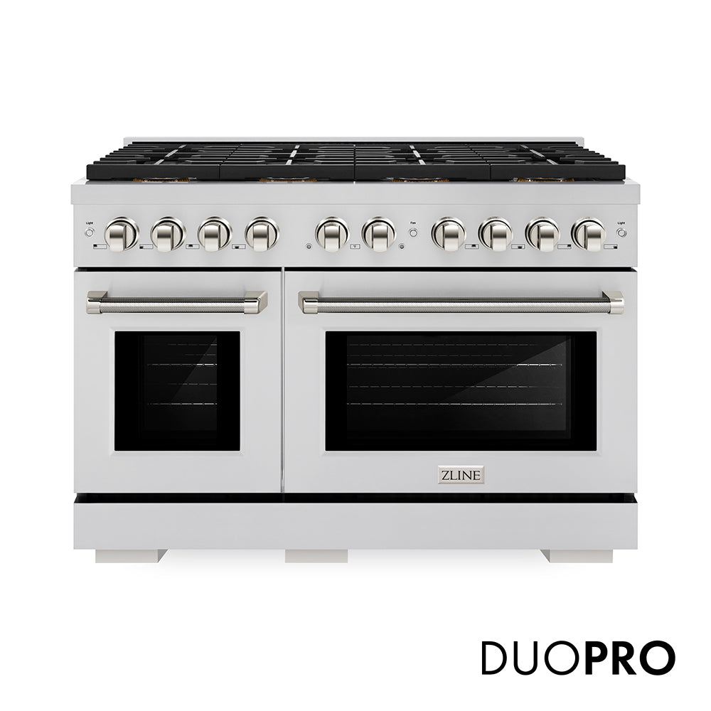 ZLINE Autograph Edition 48 in. 6.7 cu. ft. Paramount Dual Fuel Range with 8 Burner DuoPro™ Cooktop and Dual Ovens in Stainless Steel with Polished Nickel Helix Handles and Accents (PSDRZ-48-KPN)