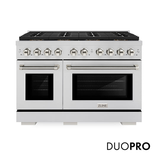 ZLINE Autograph Edition 48 in. 6.7 cu. ft. Paramount Dual Fuel Range with 8 Burner DuoPro™ Cooktop and Dual Ovens in Stainless Steel with Polished Nickel Helix Handles and Accents (PSDRZ-48-KPN)