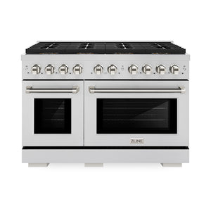 ZLINE Autograph Edition 48 in. 6.7 cu. ft. Paramount Dual Fuel Range with 8 Burner DuoPro™ Cooktop and Dual Ovens in Stainless Steel with Polished Nickel Helix Handles and Accents (PSDRZ-48-KPN)