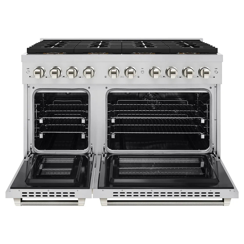 ZLINE Autograph Edition 48 in. 6.7 cu. ft. Paramount Dual Fuel Range with 8 Burner DuoPro™ Cooktop and Dual Ovens in Stainless Steel with Polished Nickel Helix Handles and Accents (PSDRZ-48-KPN) front, oven open.