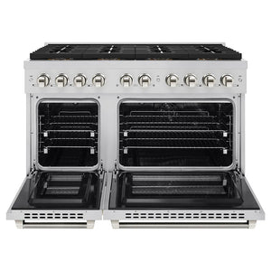 ZLINE Autograph Edition 48 in. 6.7 cu. ft. Paramount Dual Fuel Range with 8 Burner DuoPro™ Cooktop and Dual Ovens in Stainless Steel with Polished Nickel Helix Handles and Accents (PSDRZ-48-KPN) front, oven open.