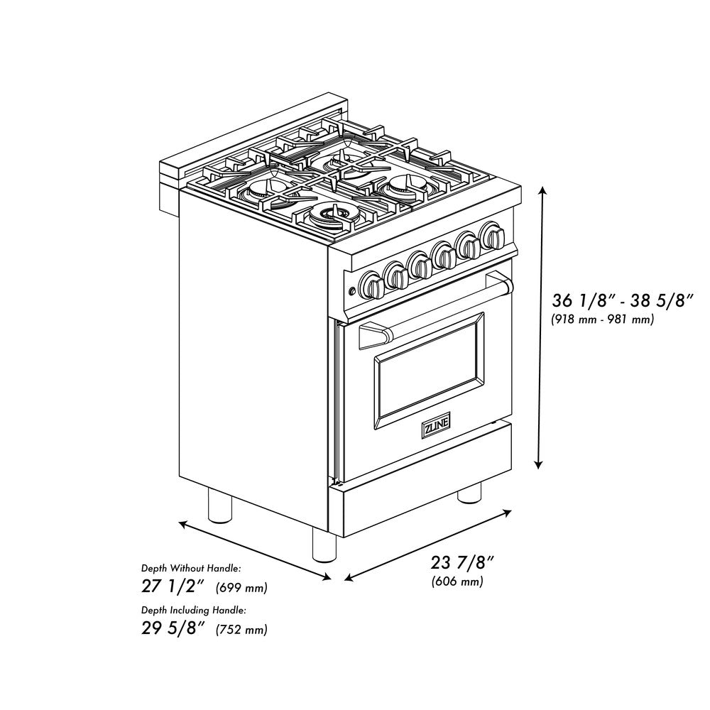 ZLINE 24 in. 2.8 cu. ft. Legacy Dual Fuel Range with 4 Burner Gas Cooktop and Electric Convection Oven in Stainless Steel with DuraSnow® Door (RA-SN-24) dimensional diagram.