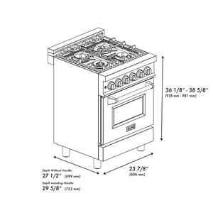 ZLINE 24 in. 2.8 cu. ft. Legacy Dual Fuel Range with 4 Burner Gas Cooktop and Electric Convection Oven in Stainless Steel with DuraSnow® Door (RA-SN-24) dimensional diagram.