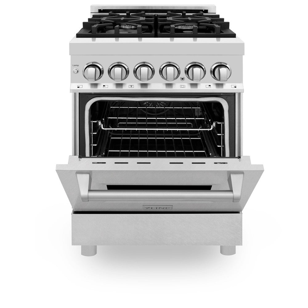 ZLINE 24 in. 2.8 cu. ft. Legacy Dual Fuel Range with 4 Burner Gas Cooktop and Electric Convection Oven in Stainless Steel with DuraSnow® Door (RA-SN-24) front, oven half open.