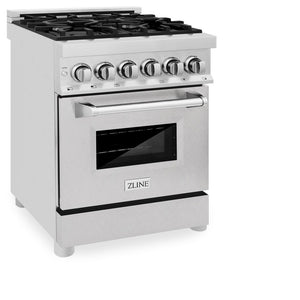 ZLINE 24 in. 2.8 cu. ft. Legacy Dual Fuel Range with 4 Burner Gas Cooktop and Electric Convection Oven in Stainless Steel with DuraSnow® Door (RA-SN-24) side, oven closed.