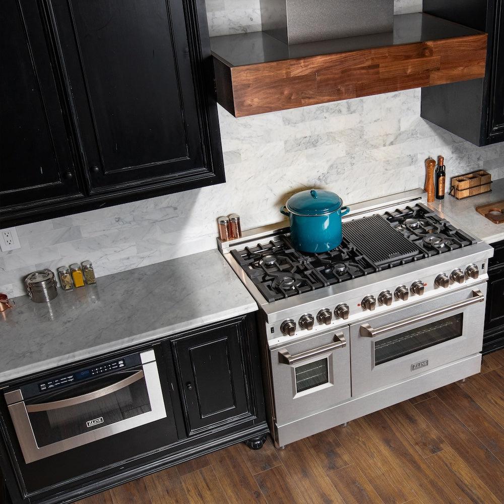 ZLINE 48-inch Dual Fuel Range in DuraSnow® Stainless Steel (RA-SN-48) in a luxury kitchen from above