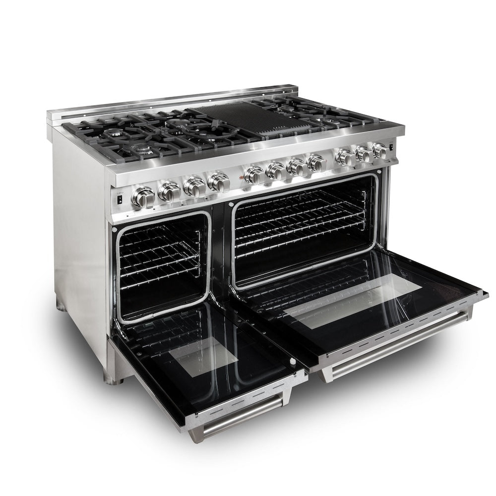 ZLINE 48-inch Dual Fuel Range in DuraSnow® Stainless Steel (RA-SN-48) side, oven doors open.