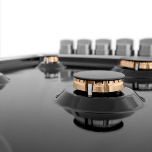 ZLINE 36 in. Gas Cooktop with 6 Brass Burners and Black Porcelain Top (RC-BR-36-PBT) brass burner on black porcelain cooktop with no grates.