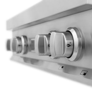 ZLINE 30 in. Legacy Gas Rangetop with 4 Brass Burners and Porcelain Cooktop in Stainless Steel (RT-BR-30) close-up, cooktop knobs.