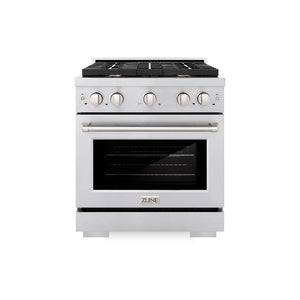 ZLINE 30 in. 4.2 cu. ft. Paramount Dual Fuel Range with Gas Cooktop and Electric Convection Oven in Stainless Steel with 4 Brass Burners (SDR-BR-30) front, oven closed.