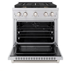 ZLINE 30 in. 4.2 cu. ft. Paramount Dual Fuel Range with Gas Cooktop and Electric Convection Oven in Stainless Steel with 4 Brass Burners (SDR-BR-30) front, open.