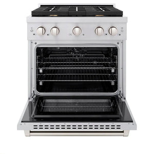 ZLINE 30 in. 4.2 cu. ft. Paramount Dual Fuel Range with Gas Cooktop and Electric Convection Oven in Stainless Steel with 4 Brass Burners (SDR-BR-30) front, open.