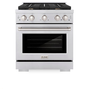 ZLINE 30 in. 4.2 cu. ft. Paramount Dual Fuel Range with Gas Cooktop and Electric Convection Oven in Stainless Steel with 4 Brass Burners (SDR-BR-30) front, oven closed.