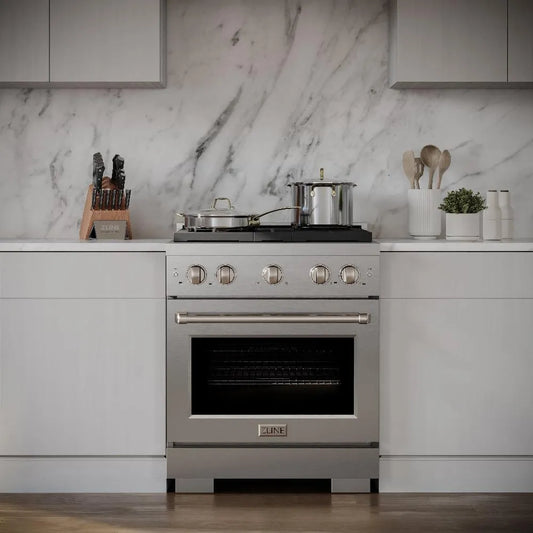 ZLINE 30 in. 4.2 cu. ft. Paramount Dual Fuel Range with Gas Cooktop and Electric Convection Oven in Stainless Steel with 4 Brass Burners (SDR-BR-30) in a luxury kitchen, front.