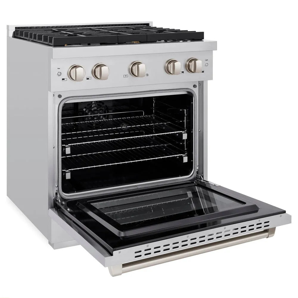 ZLINE 30 in. 4.2 cu. ft. Paramount Dual Fuel Range with Gas Cooktop and Electric Convection Oven in Stainless Steel with 4 Brass Burners (SDR-BR-30) side, oven open.