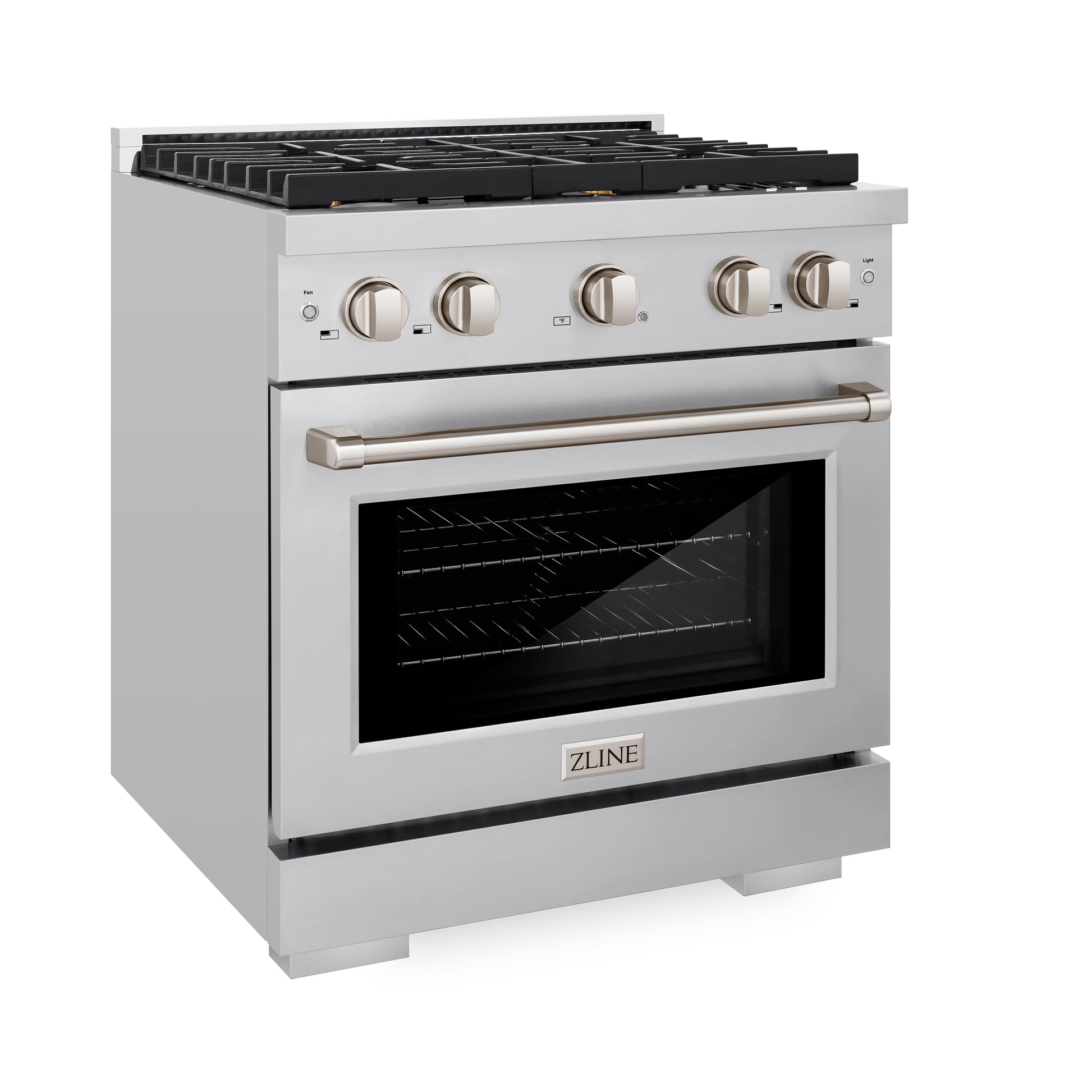 ZLINE 30 in. 4.2 cu. ft. Paramount Dual Fuel Range with Gas Cooktop and Electric Convection Oven in Stainless Steel with 4 Brass Burners (SDR-BR-30) side, oven closed.