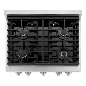 ZLINE 30 in. 4.2 cu. ft. Paramount Dual Fuel Range with Gas Cooktop and Electric Convection Oven in Stainless Steel with 4 Brass Burners (SDR-BR-30) top-down, above cooktop.