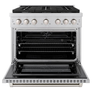 ZLINE 36 in. 5.2 cu. ft. Paramount Dual Fuel Range with Gas Cooktop and Electric Convection Oven in Stainless Steel with 6 Brass Burners (SDR-BR-36) front, open.