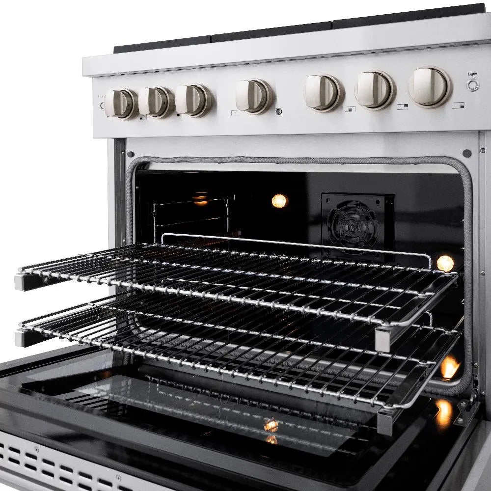ZLINE 36 in. 5.2 cu. ft. Paramount Dual Fuel Range with Gas Cooktop and Electric Convection Oven in Stainless Steel with 6 Brass Burners (SDR-BR-36) oven open racks extended.
