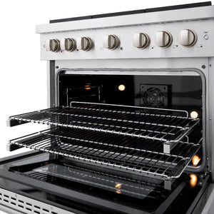 ZLINE 36 in. 5.2 cu. ft. Paramount Dual Fuel Range with Gas Cooktop and Electric Convection Oven in Stainless Steel with 6 Brass Burners (SDR-BR-36) oven open racks extended.