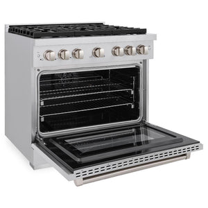 ZLINE 36 in. 5.2 cu. ft. Paramount Dual Fuel Range with Gas Cooktop and Electric Convection Oven in Stainless Steel with 6 Brass Burners (SDR-BR-36) side, oven open.
