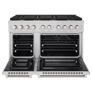 ZLINE 48 in. 6.7 cu. ft. Paramount Double Oven Dual Fuel Range in Stainless Steel with 8 Brass Burners (SDR-BR-48) front, open.