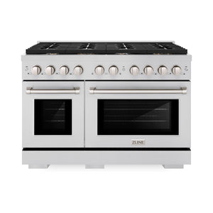 ZLINE 48 in. 6.7 cu. ft. Paramount Double Oven Dual Fuel Range in Stainless Steel with 8 Brass Burners (SDR-BR-48) front, oven closed.