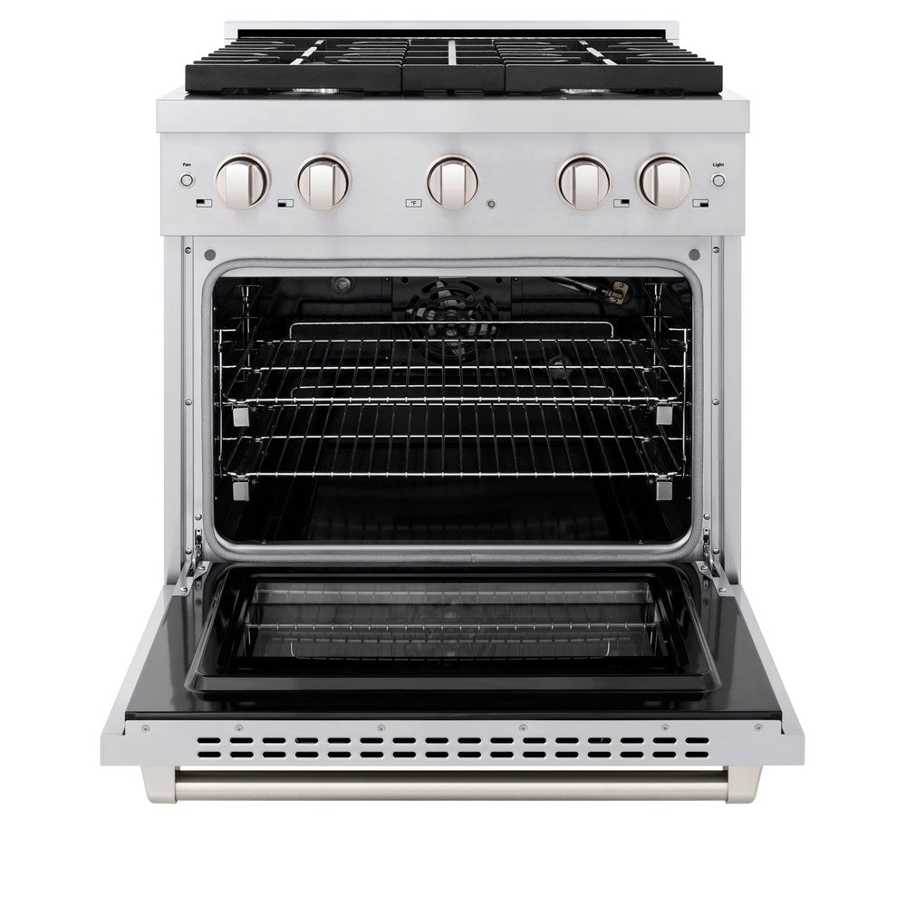 ZLINE 30 in. 4.2 cu. ft. Paramount Dual Fuel Range with 4 Burner Gas Cooktop and Electric Convection Oven in Stainless Steel (SDR30) front, oven open.