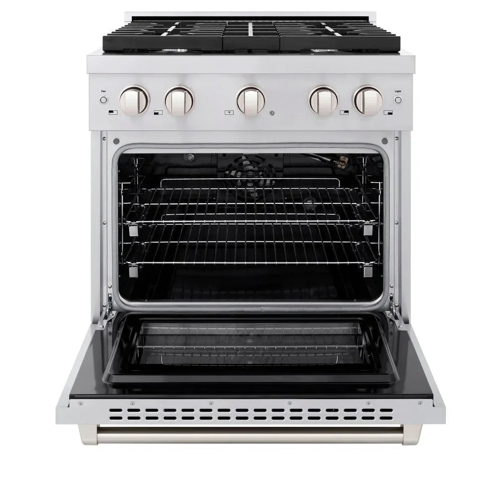 ZLINE 30 in. 4.2 cu. ft. Paramount Dual Fuel Range with 4 Burner Gas Cooktop and Electric Convection Oven in Stainless Steel (SDR30) front, open.