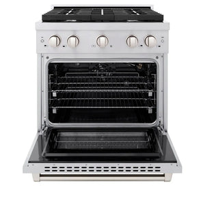 ZLINE 30 in. 4.2 cu. ft. Paramount Dual Fuel Range with 4 Burner Gas Cooktop and Electric Convection Oven in Stainless Steel (SDR30) front, open.