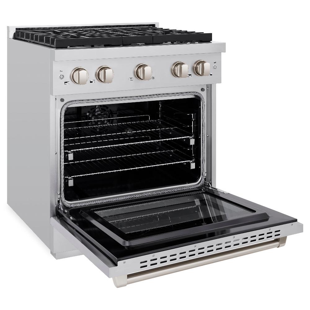 ZLINE 30 in. 4.2 cu. ft. Paramount Dual Fuel Range with 4 Burner Gas Cooktop and Electric Convection Oven in Stainless Steel (SDR30) side, oven open.