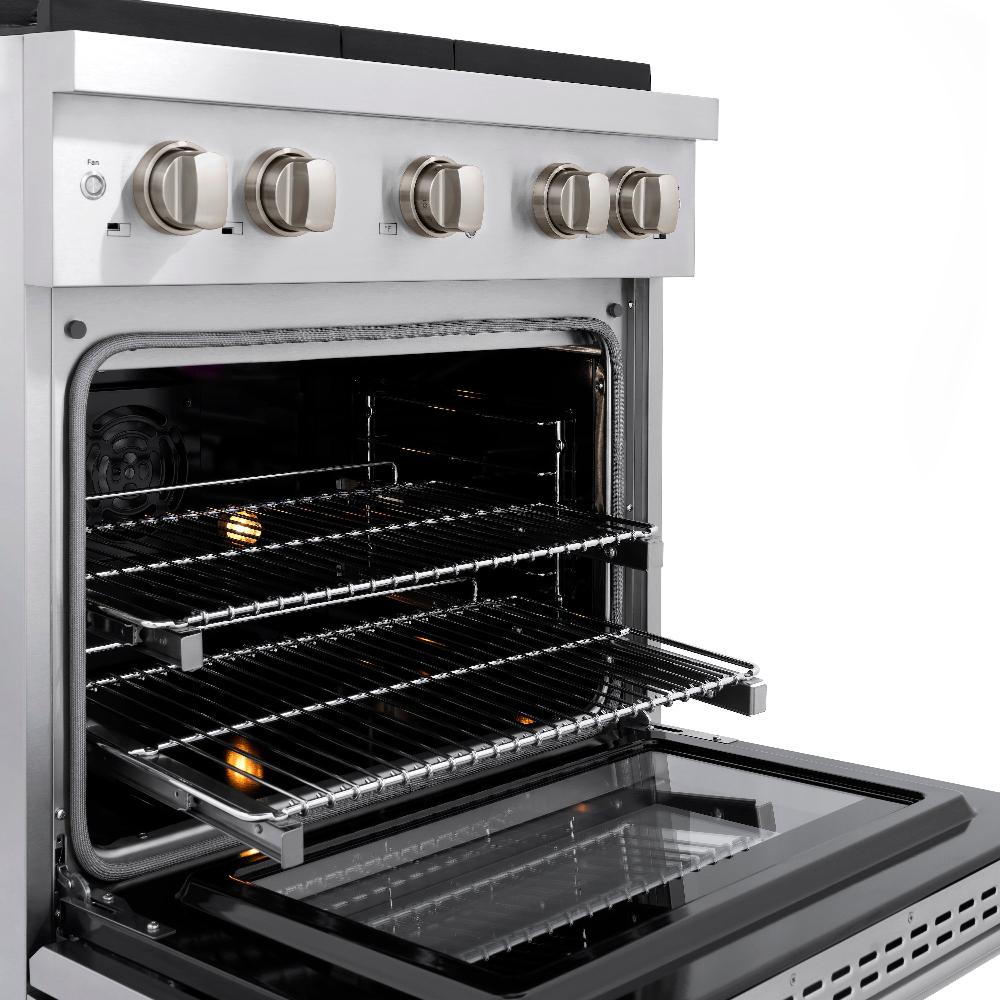 ZLINE 30 in. 4.2 cu. ft. Paramount Dual Fuel Range with 4 Burner Gas Cooktop and Electric Convection Oven in Stainless Steel (SDR30) close-up detail, oven open with racks extended.