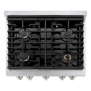 ZLINE 30 in. 4.2 cu. ft. Paramount Dual Fuel Range with 4 Burner Gas Cooktop and Electric Convection Oven in Stainless Steel (SDR30) above, top-down view of gas cooktop.